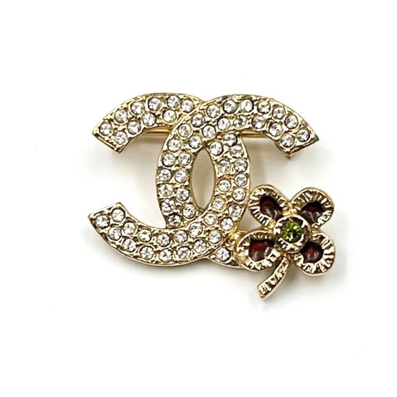 Chanel Small Gold CC Crystal Red Corner Flower Small Brooch - Picture 1 of 3